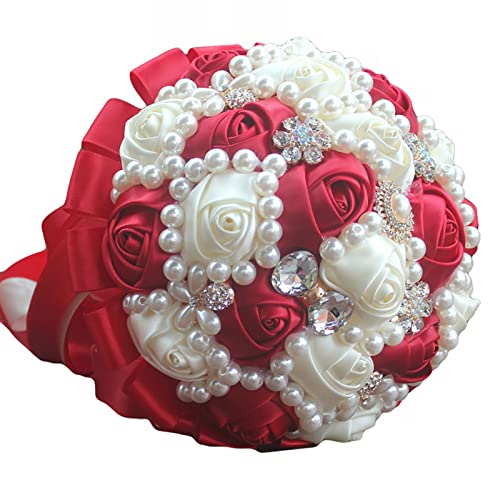 USIX Handcraft Popular Satin Rose Rhinestone Brooch Flower Pearl Bridal Holding Wedding Bouquet Wedding Flower Arrangements Bridesmaid Bouquet(Dark Red+Ivory) - color: Dark Red+ivory