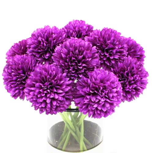Blooming Paradise10Pcs Artificial Fake Flower Plants Silk Chrysanthemum Ball Hydrangea Arrangements Wedding Bouquets Decor Home Kitchen Garden Party Table Floral Centerpieces DIY (Dark Purple) - color: Dark Purple