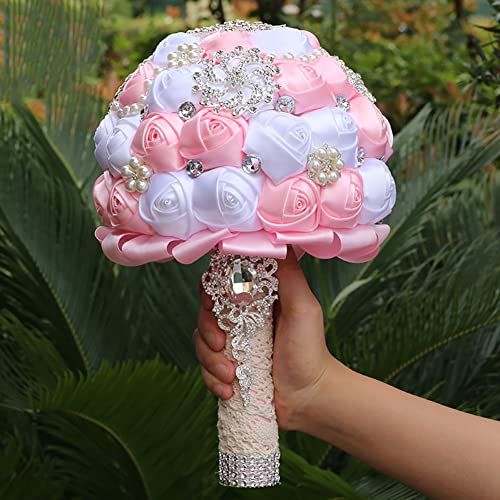 Sharebeauty 7.9 Inch Handmade Satin Rose Bridal Bouquet Toss Round Wedding Bouquet Throw Toss Artificial Flower Bunch Pink + White - color: W3217d16 Pink/White