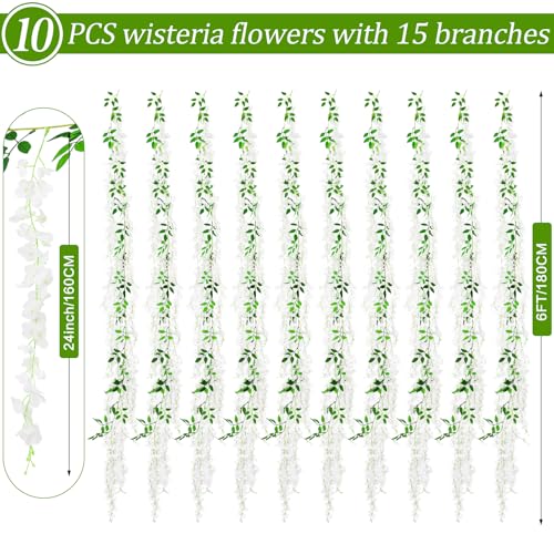 150 Branches Wisteria Hanging Flowers,10Pcs Total 60ft White Wisteria Artificial Flowers Garland Vine Silk Hanging Flowers for Wedding Party Arch Ceremony Garden Home Backdrop Decor - color: White, size: 10