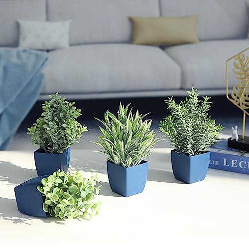 summer flower Set of 4 Fake Plants in Pot Small Artificial Eucalyptus Potted Plant Mini Wheat Grass Ferns Faux Greenery for Home Indoor Office Table Bathroom Farmhouse Decorations Blue - color: Blue-4