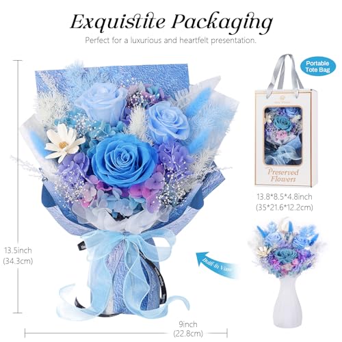 Preserved Flowers Bouquet 3 Roses - Blue Real Rose & Flowers for Delivery, Long-Lasting Flower with Gift Box, Eternal Roses Bouquet for Mothers, Mom, Wife Anniversary Birthday Gifts for Women and Men - color: Blue