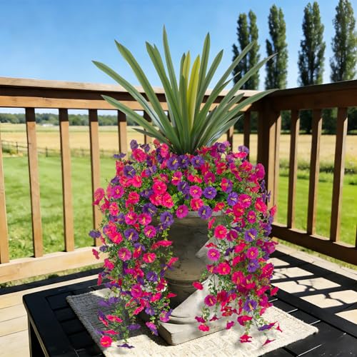Fake Artificial Morning Glory Flowers for Outdoors+Faux Orchid Greenery Plants UV Resistant Weatherproof for Indoor Outdoor Garden Patio Window Box Home Decor - color: Dark Purple,rose Red