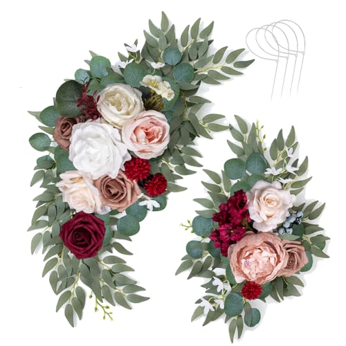 AitnWoy Artificial Wedding Arch Flowers Kit 2 PCS Dust Rose Flowers Silk Peony Floral Swag Welcome Sign for Wedding Ceremony Party Home Garland Decor - color: Burgundy Red, size: 28" + 11"