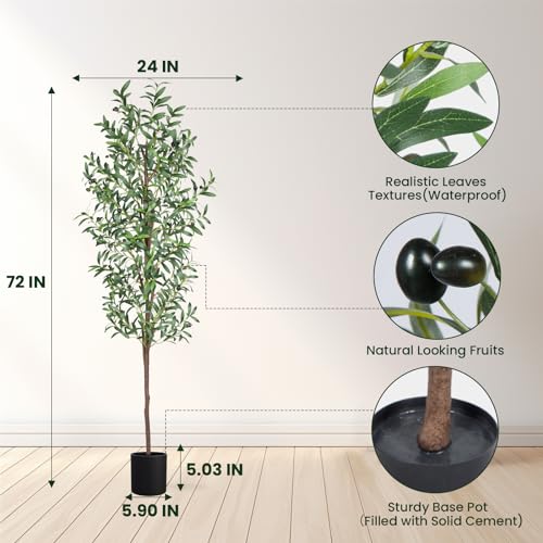Artificial Olive Tree, 6FT Tall Faux Olive Trees 72in Outdoor Fake Potted Silk Plant with Trunk and Realistic 648 Leaves and 24 Fruits for Modern Office Home Decor Indoor（1pack） - color: 1pack, size: 6ft