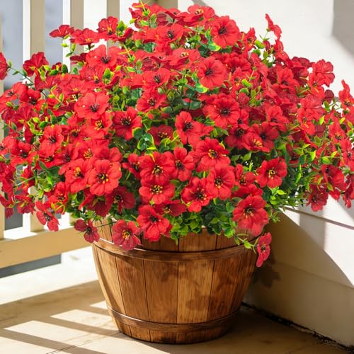 Grunyia 20 Bundles Artificial Flowers for Outdoors, UV Resistant Fake Plants Flowers Greenery Shrubs Plants for Decoration Outside Plants Hanging Planter Home Garden Decor (Red) - color: Red