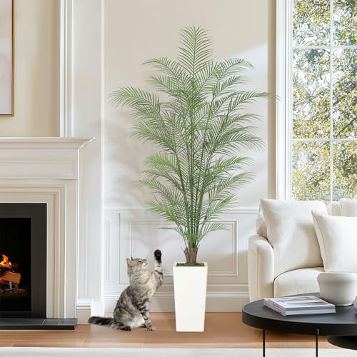 GarveeHome 6 ft 72 in Faux Areca Palm Plants Fake Palm Tree w/ 44 Realistic Trunks & Full Lifelike Palm Leaves Artificial Dypsis Lutescens Plants for Indoor Home Décor with Trapezoidal Prism White Pot