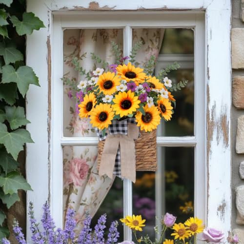 17.7" Front Door Basket with Sunflowers Basket Wreaths for Front Door | Sunflower Wreath with Daisy Fake Wildflowers for Spring Summer Porch Window Wall Garden Yard Farmhouse Home Decor - color: Yellow