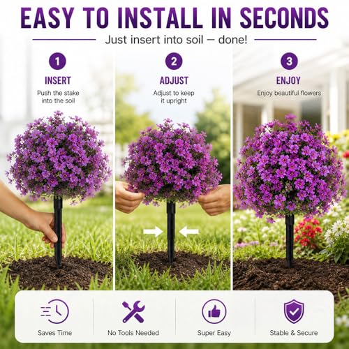 Artificial Petunias with Ground Stake - UV Resistant & Waterproof Faux Flowers for Outdoor Indoor Garden, Yard, Planter, Porch & Home Decor (Purple 3 Pcs) - color: Purple 3 Pcs