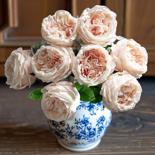 4 Pcs Real Touch Peonies Artificial Flowers, 3.5'' Big Bloom Austin Rose Peony Latex Fake Flower with Stems for Wedding Bouquet Party Valentines Arrangement Home Kitchen (Champagne) - color: Champagne