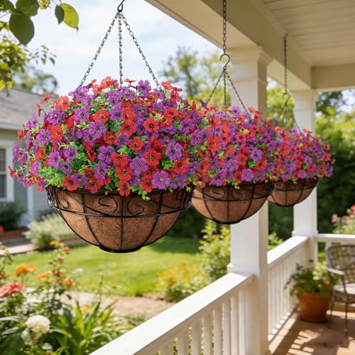 Artificial Fake Hanging Flowers Plants Basket Outdoors, Faux Silk UV Resistant Look Real Daisy Eucalyptus for Spring Summer Garden Porch Home Patio Balcony Yard Decorations, Red Purple - color: Red and Purple