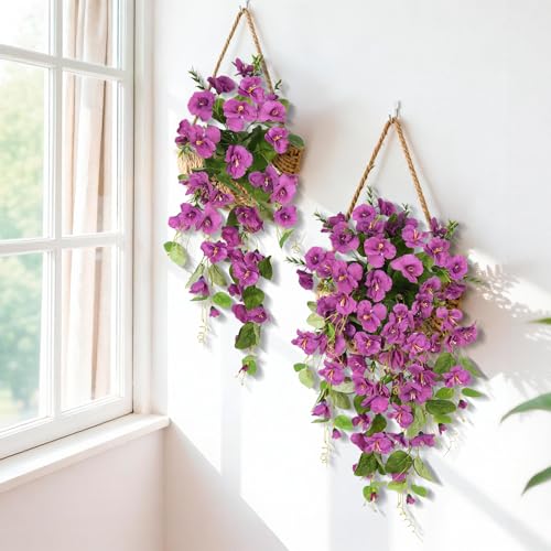 INQCMY Artificial Hanging Flowers for Outdoors, 2PCS Faux Azalea UV Resistant No Fade Spring Home Decor, Realistic Fake Flowers Spring Decoration for Porch Patio Garden Yard (Purple) - color: Purple