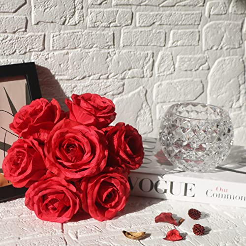 7 Large Stem Rose Red Artificial Flowers in Vase, Silk Flowers Arrangement in Round Glass Vase Without Water for Home Decor, Wedding Table (Red) - color: Red W/O Water