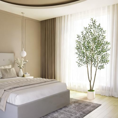 Timoo Faux Olive Tree 7FT Tall Olive Trees Artificial Indoor with White Tall Planter, Artificial Plants Indoor Faux Tree with Realistic Leaves and Fruits, Fake Plant for Home Office Decor - size: 7 FT