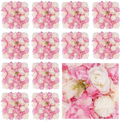 3D Flower Wall Backdrop - 12Pcs 15×15 Inch Artificial Rose Panels Pink & White Silk Floral Decor for Home Party Wedding Anniversary Birthday Photographic Studio Background & Decorative Fences - color: Pink and White, size: 12PCS-15x15