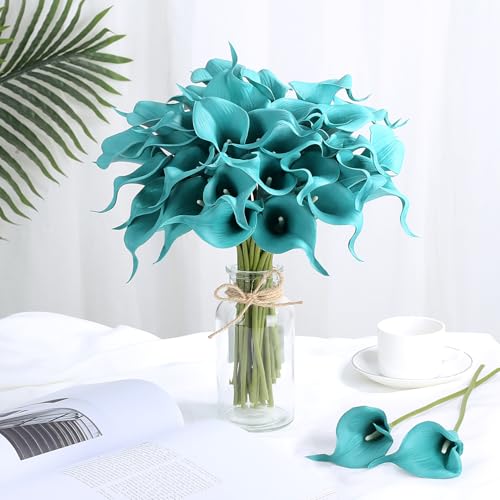 24 Pcs Teal Flowers Artificial Calla Lily Flower Fake Teal Silk Flowers Real Touch for Wedding Bouquet Home Kitchen Decor - color: Teal