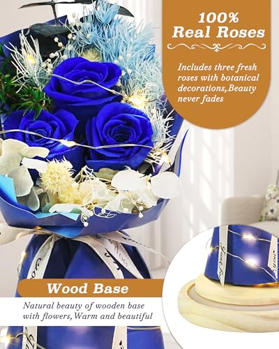 HVY Preserved Real Flowers Bouquet Gifts for Her,Forever Flowers Gift for Women,Preserved Blue Rose in Glass Dome with LED Light Ideal for Christmas,Birthday,Anniversary,Valentine's Day, Mother's Day - color: Blue Rose