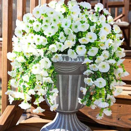 Ivydale 2 PCS Artificial Hanging Flowers Fake Plants for Winter Christmas Outdoor,Faux Silk White Morning Glory with Eucalyptus UV Resistant Realistic Hanging Petunias Vines for Home Garden Decor - color: Beige