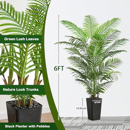 Artificial Palm Tree Indoor, 6FT Fake Floor Plants Large Tropical Silk Plant with Black Square Planter, Faux Areca Palm Plant Artificial Tree in Pot for Home Room Office Outdoor Patio Decor