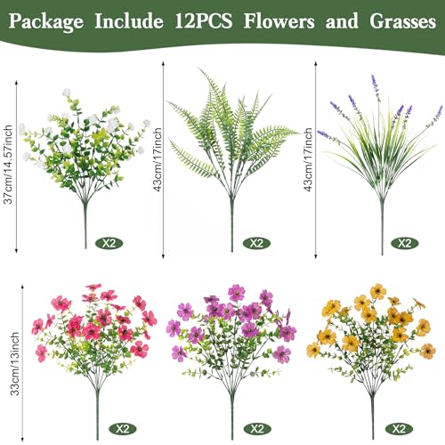 ADXORA Artificial Fake Flowers for Outdoor Decoration 12 PCS Faux Silk Daisy Flowers for Outdoor Planters Fern Boxwood Monkey Grass UV Resistant for Outside Home Porch Patio Planter Decor - color: Set1-mix Flowers+boxwood White+lavender+ferns