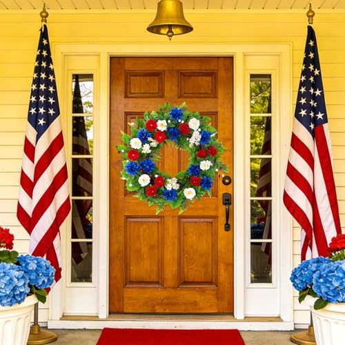 20 Inch Patriotic Wreath for Front Door, Red White Blue Flowers Wreaths with Silk Hydrangea, Daisy & Berry, USA 250th Anniversary Handmade Memorial Decorations, Americana for Porch Wall Window