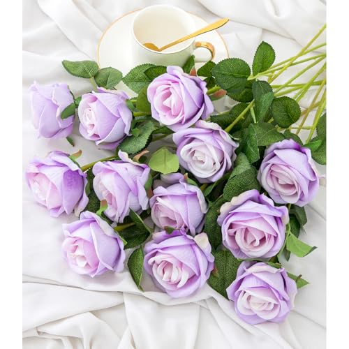 Hawesome 12PCS Artificial Flowers Fake Roses, Realistic Velvet Long Stem Red Roses Bouquet for Wedding Centerpiece Home Decor Party & Valentines (Purple) - color: Purple