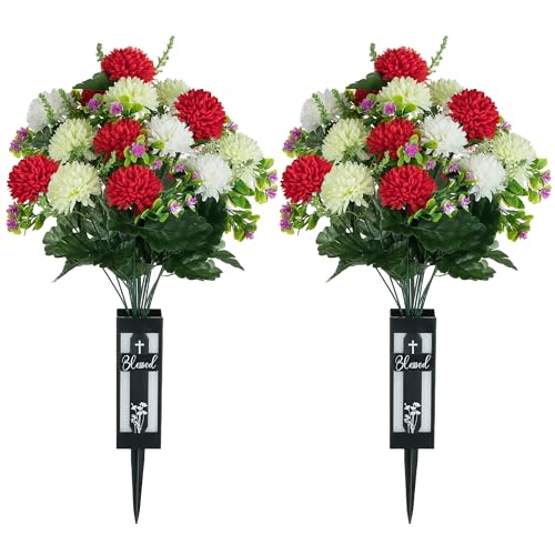 Artificial Cemetery Flowers for Grave: 2 Pcs 18 Heads Fake Mums Flowers with Vase for Cemetery Spring Decorations Outdoor Grave - color: Green & White & Red