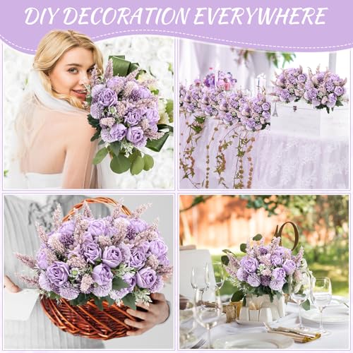 Zeyune 8 Pcs 13.4 Inch Artificial Flowers Bouquet Fake Silk Flowers Faux Bouquet Hydrangea Bouquets for Wedding Birthday Table Centerpieces Home Office Decoration (Rose,Purple) - color: Purple, size: Rose