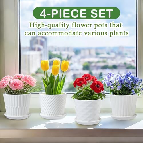 sietpoek Plant Pots - 5.5 Inch Cylinder Ceramic Planters with Connected Saucer, Pots for Succuelnt and Little Snake Plants, Set of 4, White - size: 5.5 Inch