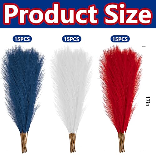 Watayo 45 Pcs Patriotic Faux Pampas Grass Decor, 17" Fluffy 4th of July Artificial Pompous Grass Vase Filler, Red White and Blue Fake Pampas Stems Branches for Independence Day Memorial Day Decoration