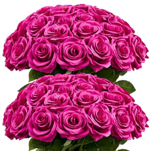 50pcs Magenta Roses Artificial Flowers Bulk Fake Roses Silk Flower with Stems Realistic Flowers for Wedding Centerpiece Party Birthday Decor - color: Magenta
