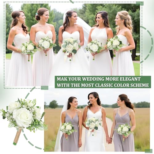 Bridesmaids Bouquets Set of 6 Ivory White Artificial Flowers 7 Inch Bridesmaid Bouquet Wedding Pre-Made Rustic Rose Small Floral Bouquets for Bridal Shower Marriage Proposal Party Anniversary Decor - color: Ivory White, size: 6pcs