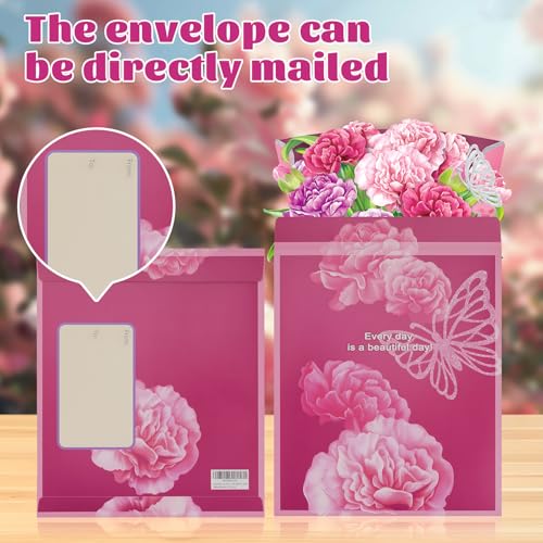 Airpark Pop Up Flower Bouquet Card for Women, 3D Floral Greeting Card with Envelope and Note, Birthday Thank You Thinking of You Get Well Gift for Mom Friend Wife Teacher, Carnation - style: Carnations