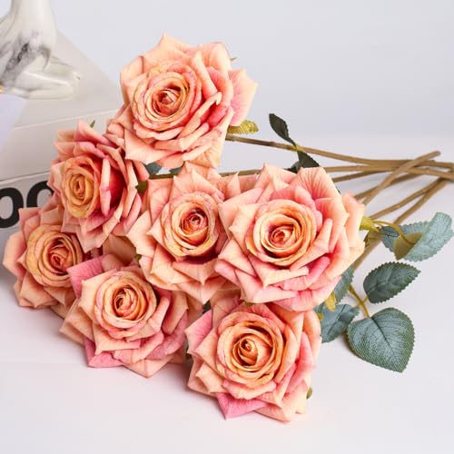 PONKING 3.1"(8cm) Manta Rose Artificial Flower 7pcs Realistic Faux Silk Roses Fake Flowers Bouquets Arrangements Decor for Wedding Spring Mother's Day, Home Table Decorations, Orange Flower - color: B 7pcs Orange Rose