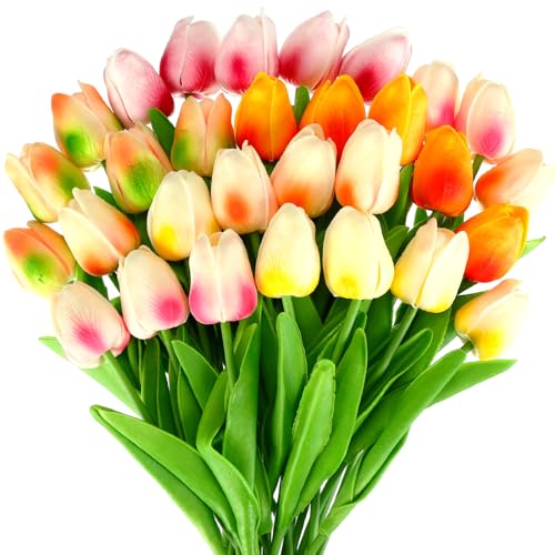Lyrow 30 Pcs Tulips Artificial Bouquet Flowers Faux Tulips for Home Kitchen Wedding Decorations,Gift Idea for Easter Decor Mother's Day Birthdays(Multi Colors) - color: Multi Colors