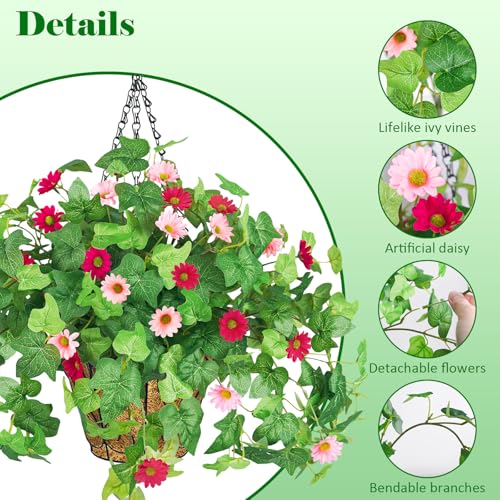 Krissing 2 Pack Artificial Hanging Flowers with Baskets for Outdoors UV Resistant Faux Ivy Plants Greenery Fake Silk Daisy Flowers for Outdside Porch Balcony Summer Home Decor (Rose Red, Pink) - color: Hot Pink+pink, size: 6pcs with 2 baskets