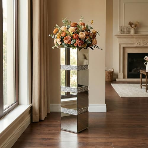 30" Large Crushed Diamond Floor Vases,Tall Mirrored Silver Crystal Vase, Floor Vases Decorative Tall,Big vase for Home,Office,Hotel (8" L x 8" W x 30" H) - size: Crushed Diamond:8''L X 8''W X 30''H