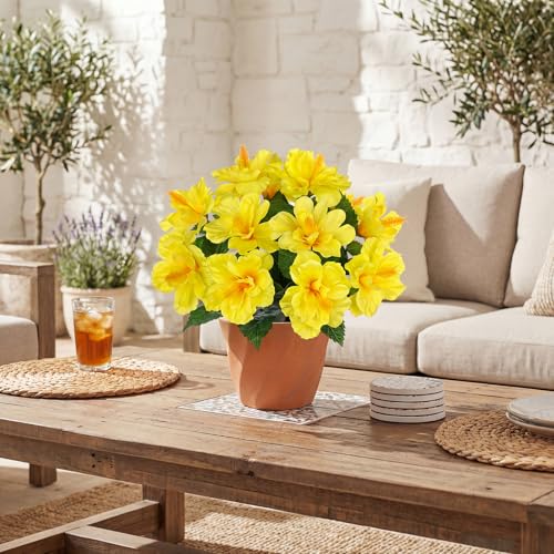 Briful Artificial Hibiscus Flowers in Pot, 14.1" Faux Tropical Flower Plant for Outdoor Porch, Potted Yellow Hibiscus Tabletop Decor for Living Room, Dining Table, Kitchen, Office, Indoor Home Décor - color: 14'' Yellow