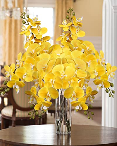4 Pcs Artificial Orchid Flowers 9 Large Heads of Real Touch Vivid Phalaenopsis Orchid Flower Stem 31.5'' Tall, Artificial Flowers Branches for Home Decor, Office House Decor-Yellow Phalaenopsis - color: Yellow #13