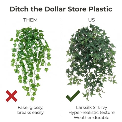 Larksilk 2-Pack 27" Artificial English Ivy Plants with 450 Leaves Each Realistic UV-Resistant Cascading Vines Faux Hanging Greenery for Outdoor Window Boxes, Planters, or Home Decor