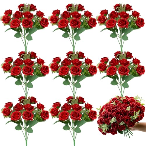 8 Pack Rose Artificial Flowers Bouquet, 10 Small Silk Rose Heads Per Pack, Fake Roses Bunches for Wedding Table Centerpieces Bridal Bouquet Mother's Day Valentine's Day Home Decor, Red - color: Red