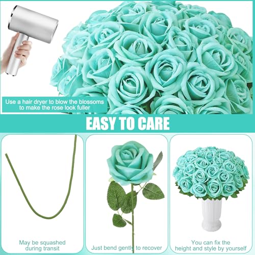 36 Pcs Velvet Texture Turquoise Artificial Flowers Bridal Bouquet, Fake Rose Long Stem Realistic Flowers Bulk for Valentine's Day Wedding Bouquet Ball Arrangement Centerpiece Party Home Decor - color: Turquoise