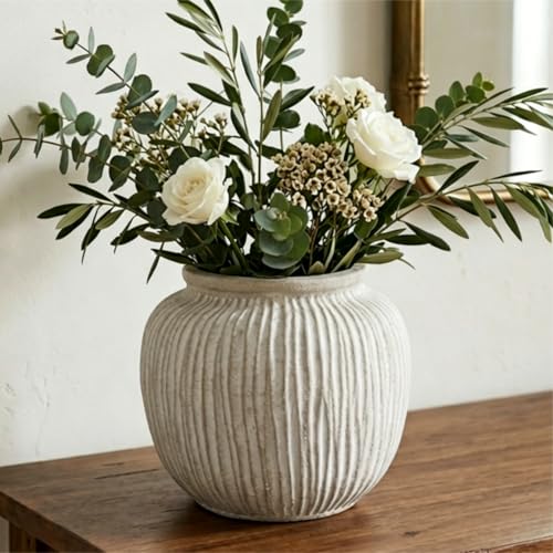 Oakrain Large Rustic Decorative Vase, 9" Distressed Round Floor Vase for Home Decor, Farmhouse Centerpieces Planters for Living Room Indoor Outdoor Use, Vintage White - color: Vintage White, size: 9" Dia