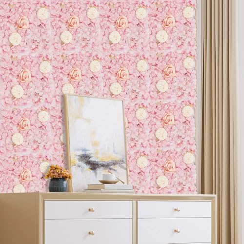 Wedding Arch Artificial Flowers Panels, 16pcs Silk Rose Floral Wall Backdrop, 13.8 x 13.8in Artificial Flowers Garland for Wedding Party Table Decoration, White (Pink, 16 Pcs) - color: Pink, size: 16 Pcs