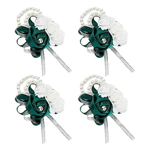 4pcs Green Wedding Wrist Corsages Artificial Silk Rose for Women | for Wedding Formal Dinner Party Homecoming Ceremony Anniversary, Wrist Corsages with Pearls - color: 4pcs Green Wrist Corsages