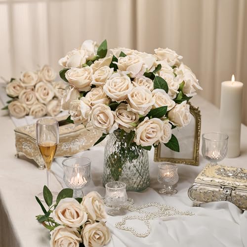 AmyHomie 48 PCS Champagne Roses Velvet Realistic Artificial Flowers with Bendable Stems for Wedding Bouquets Baby Shower Party Home Decor Fake Flowers Gifts for Valentines, Mothers Day, Womens Day - color: Champagne