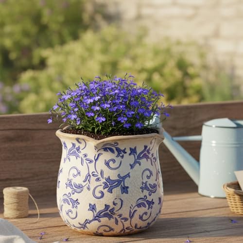 Retro Distressed Ceramic Flower Pots, Antique Crackle Glaze Planters with Drainage for Indoor Plants, Blue and White Chinoiserie Pottery Vase for Living Room Balcony Office Decor, Gardening Gifts - color: Blue Swirls