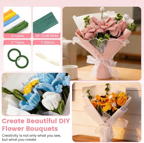 Siolviento Pipe Cleaners Craft, 500 PCS Pipe Cleaner Flower Kit with 5 Colors Chenille Stems, Floral Wires, Ribbon, Gardening Tape & Stamen for DIY Bouquets, Arts and Crafts Supplies (Multicolor-B) - color: Multicolor-B