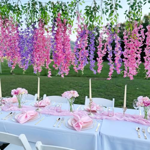 HUAHUA Artificial Wisteria Flowers, White Dense Artificial Fake Wisteria Vine Ratta Hanging Garland Silk Flowers String for Home Party Wedding Decor (24pcs Pink) - color: 24pcs Pink
