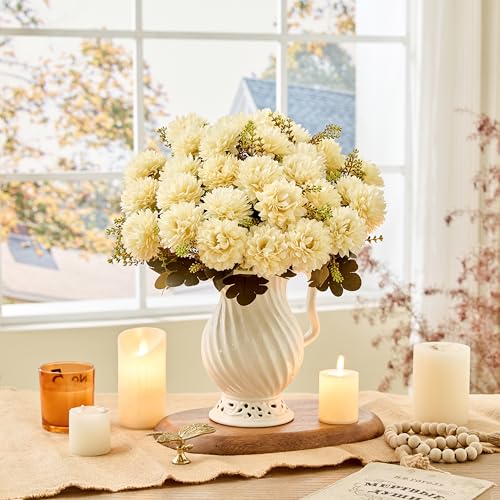 18 Heads Cream White Artificial Chrysanthemum Flowers Fake Mums White Kiku Ball Flowers Bouquet Silk Chrysanthemums for Indoor Outdoor Table Centerpiece Vase Wedding Decoration, 2 Pcs - color: Creamy White Chrysanthemum